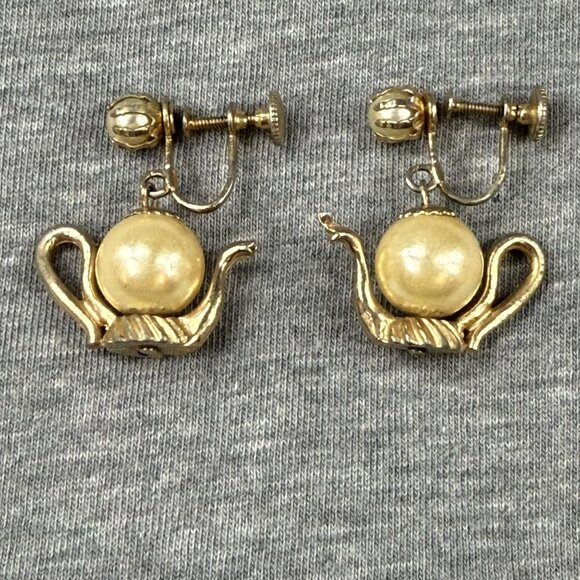 Vintage Gold-Toned Screw-Back Earrings With Teapot Design & Faux Pearl Accent - Picture 2 of 16